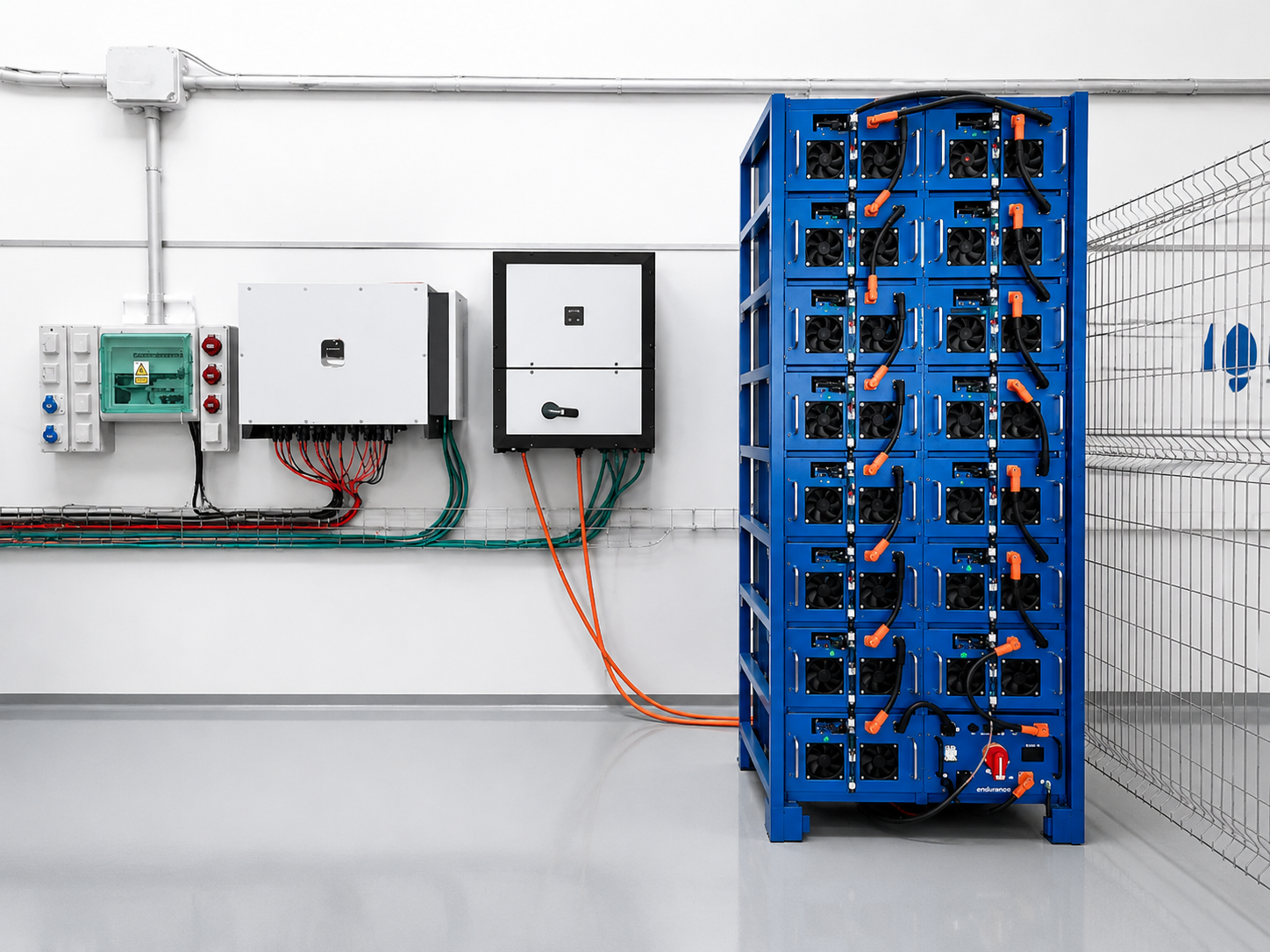 Detalle de rack de baterías de litio con cableado de potencia en Paterna